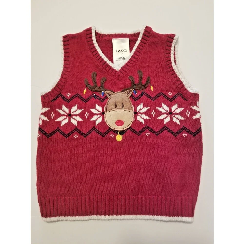 IZOD Toddler Knit Vest Reindeer Snowflakes Red V-Neck Size 2T Vintage Look